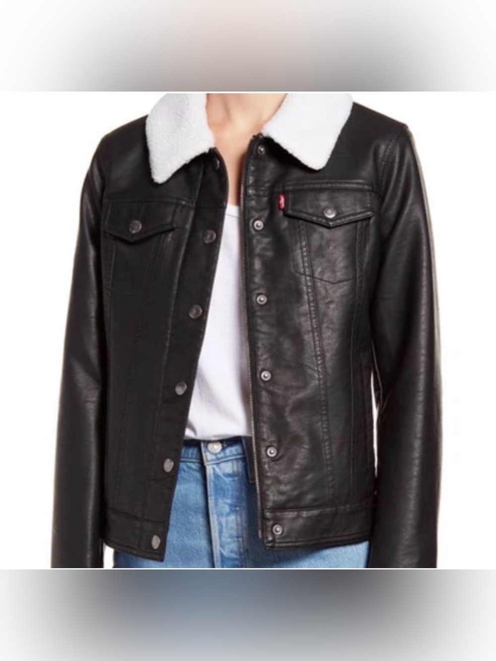 Levi's Black Faux Leather Jacket with White Sherpa Collar
